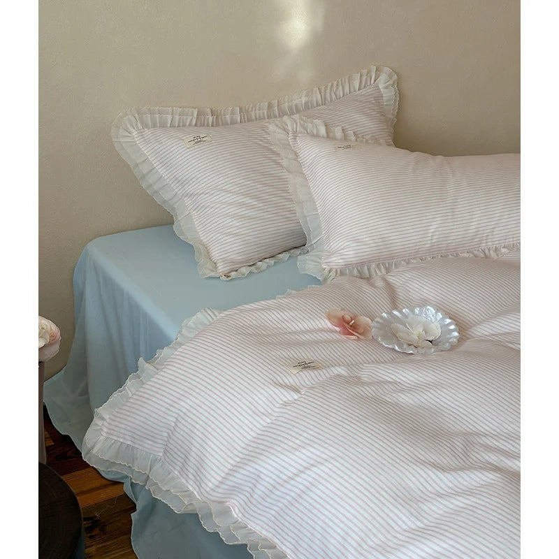 Bedding Set Cotton Percale Fine Stripe Ruffled Edges