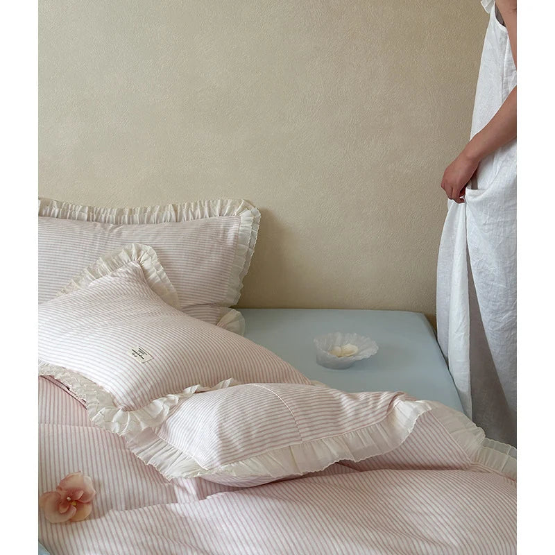 Bedding Set Cotton Percale Fine Stripe Ruffled Edges