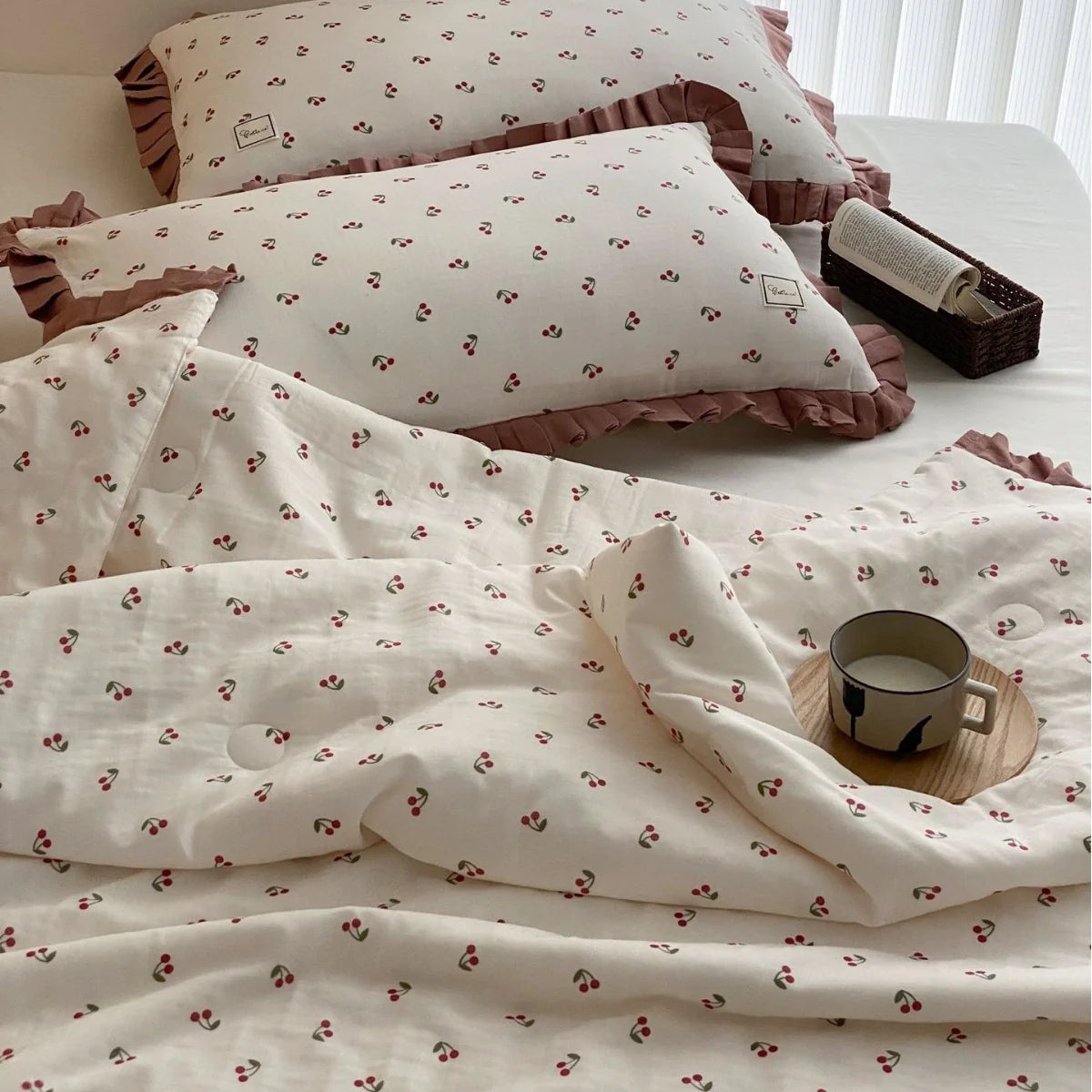 Bedding Set Cotton Percale Floral Print Gathered Frill