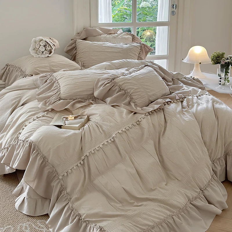 Bedding Set Cotton Percale Ruffled Flounce & Pompom