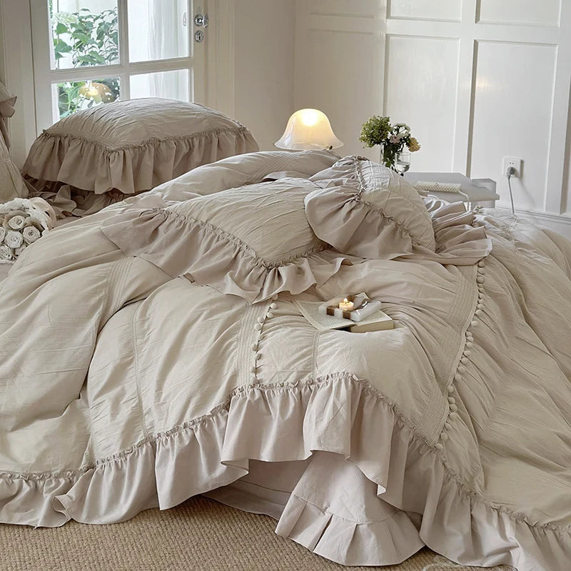 Bedding Set Cotton Percale Ruffled Flounce & Pompom