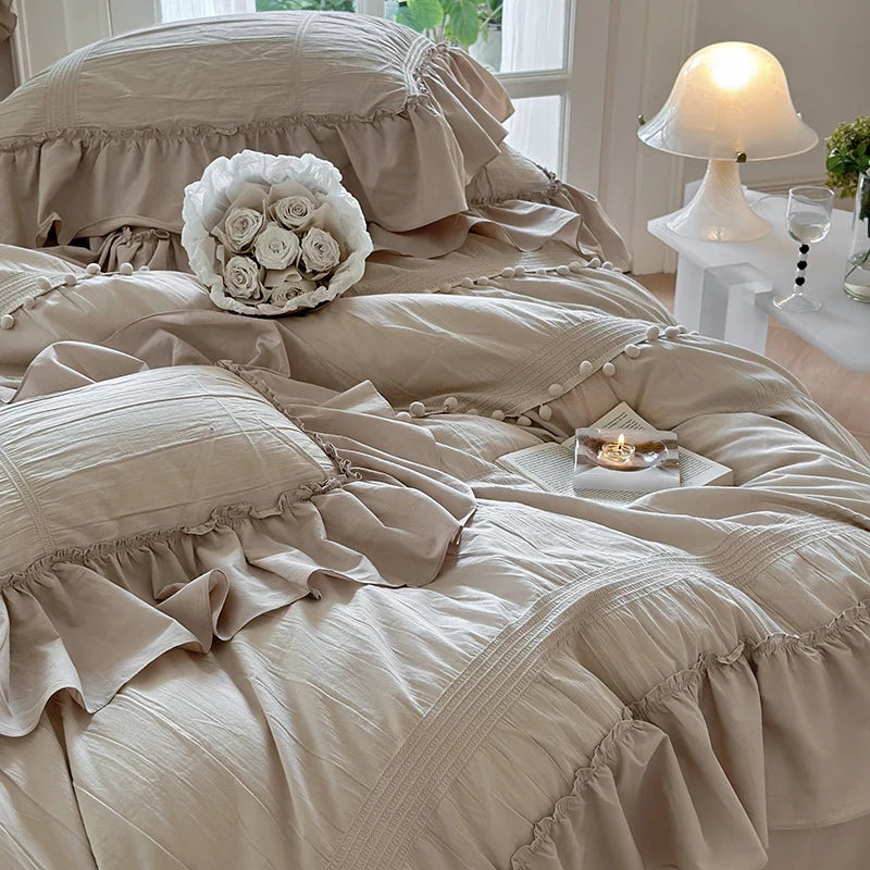 Bedding Set Cotton Percale Ruffled Flounce & Pompom