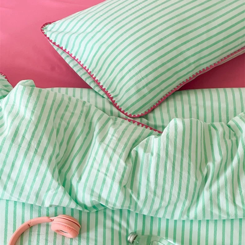 Bedding Set Cotton Percale Striped Contrasting Piping