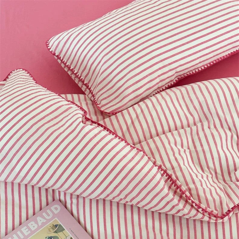 Bedding Set Cotton Percale Striped Contrasting Piping