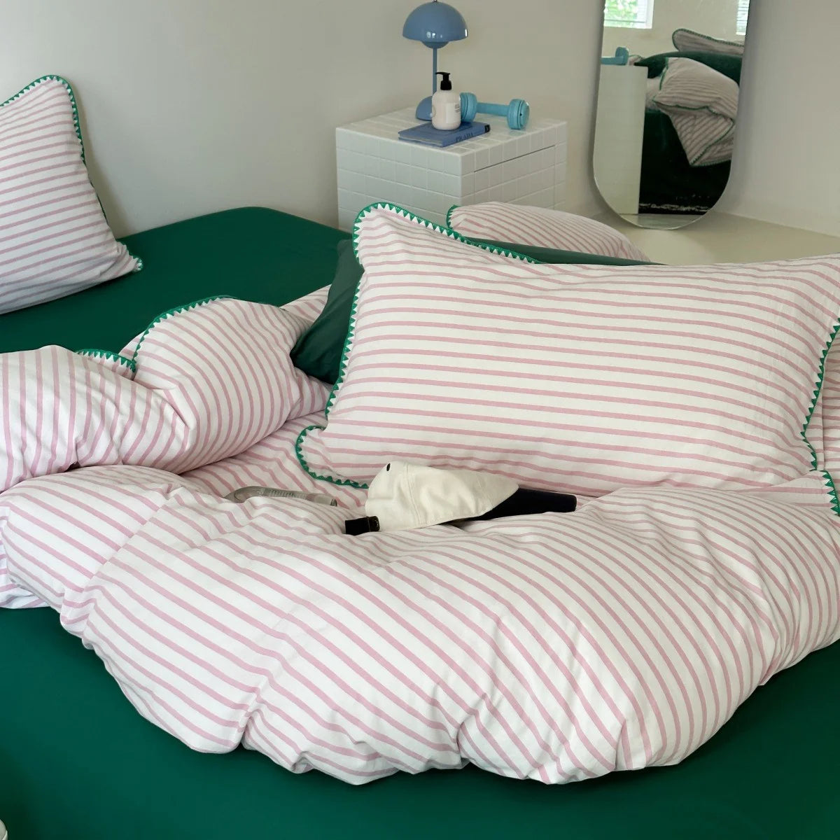 Bedding Set Cotton Percale Striped Contrasting Piping