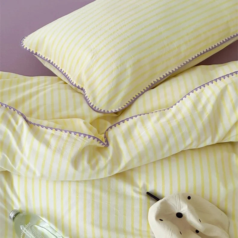 Bedding Set Cotton Percale Striped Contrasting Piping