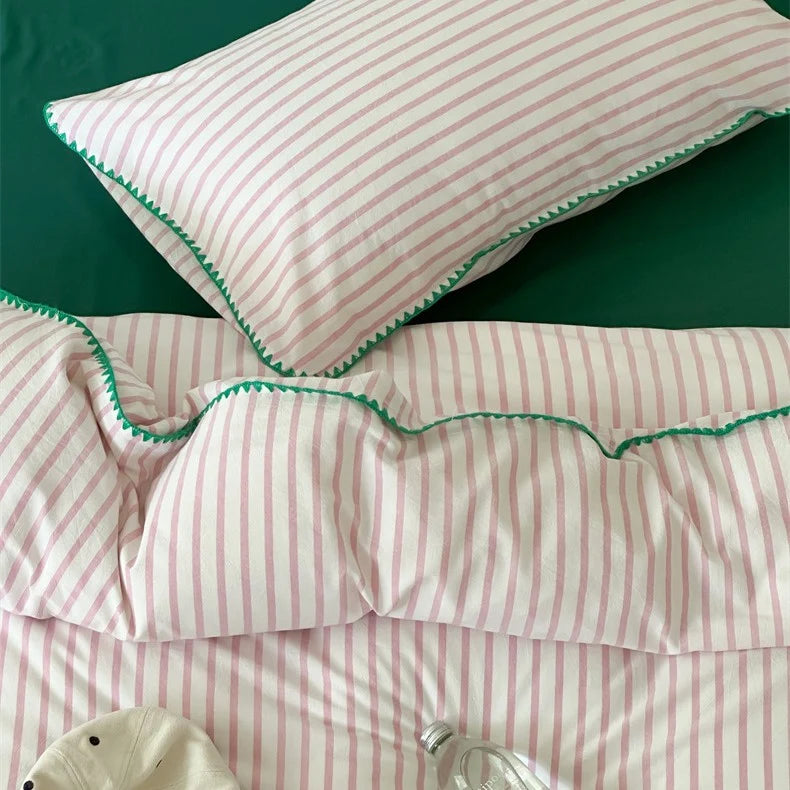 Bedding Set Cotton Percale Striped Contrasting Piping