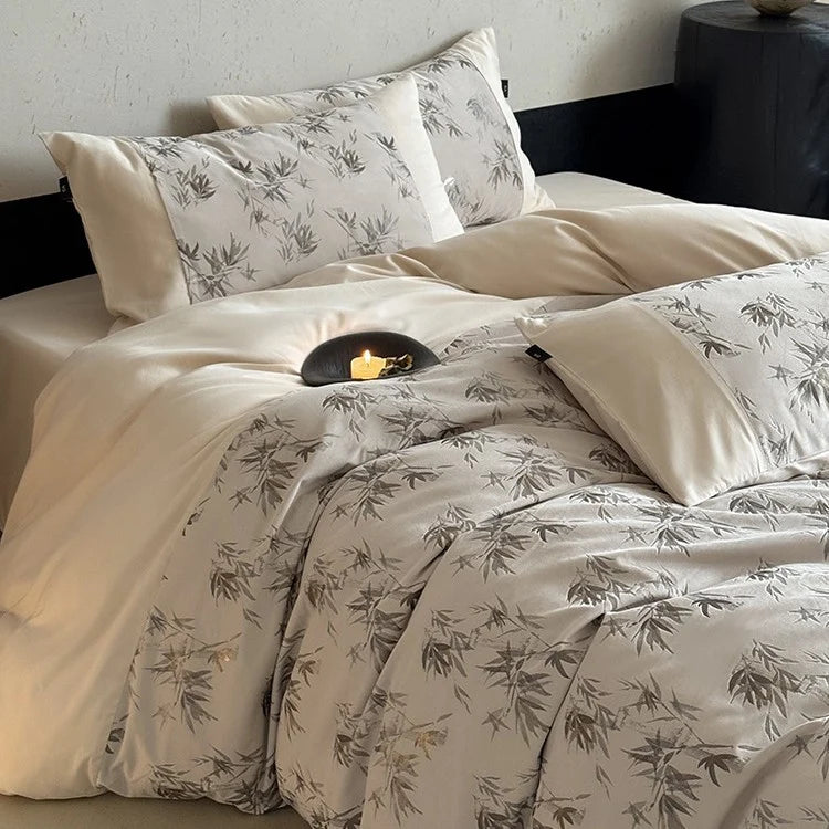 Bedding Set Cotton Satin Bamboo Leaf Print Machine Washable