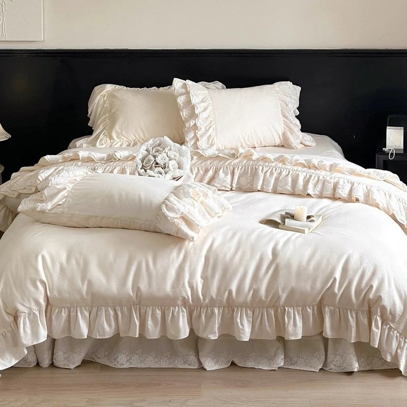 Bedding Set Cotton Satin Blend Ruffled & Lace Trim
