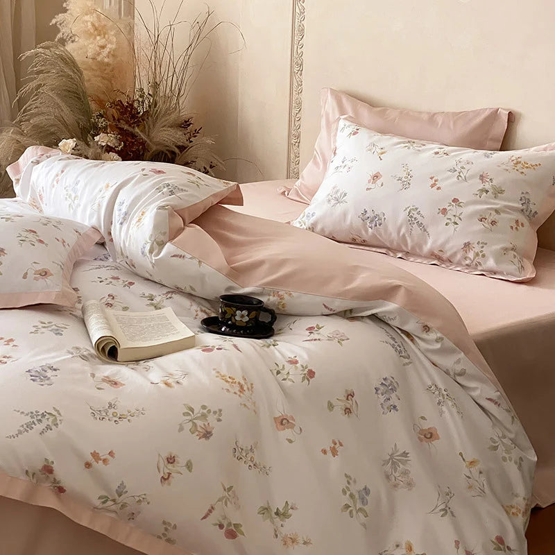 Bedding Set Cotton Satin Botanical Print Contrasting Edge