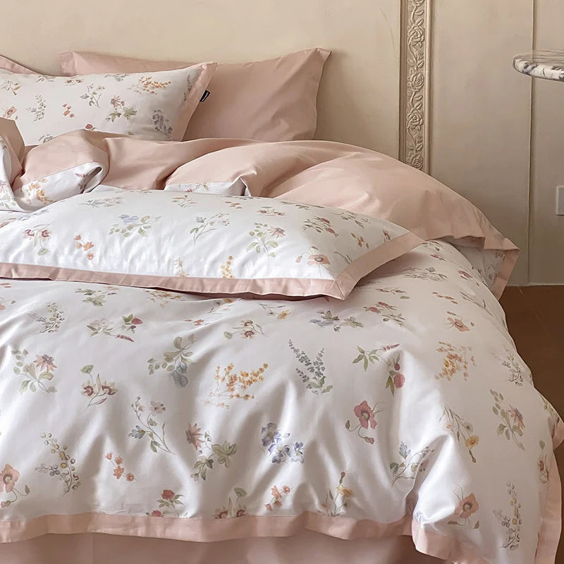 Bedding Set Cotton Satin Botanical Print Contrasting Edge