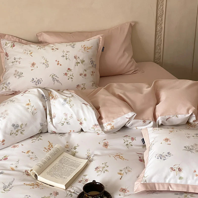 Bedding Set Cotton Satin Botanical Print Contrasting Edge
