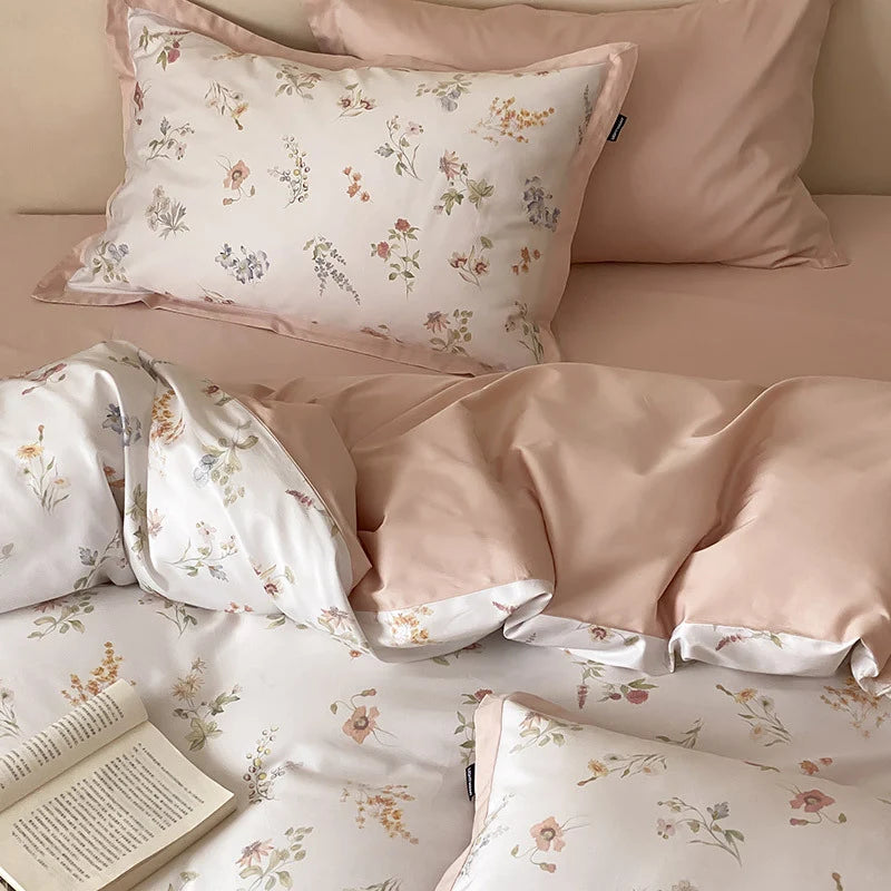 Bedding Set Cotton Satin Botanical Print Contrasting Edge