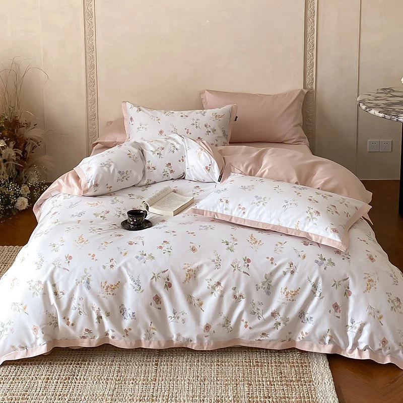 Bedding Set Cotton Satin Botanical Print Contrasting Edge