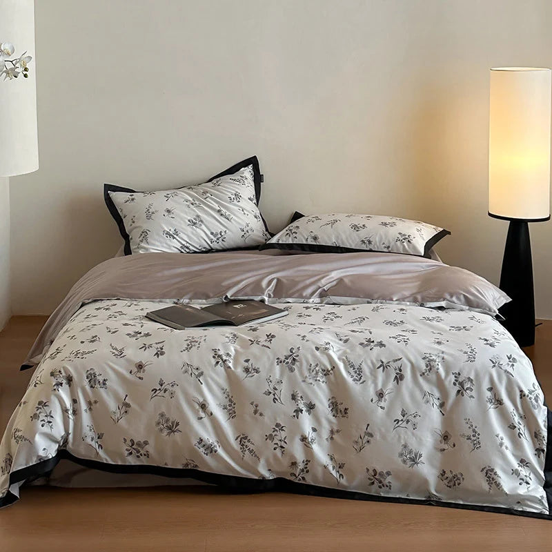 Bedding Set Cotton Satin Botanical Print Contrasting Edge