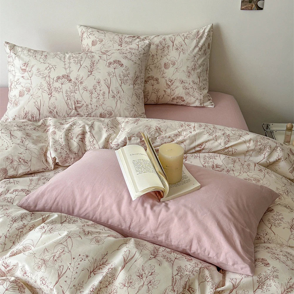 Bedding Set Cotton Satin Botanical Sketch 4 Piece