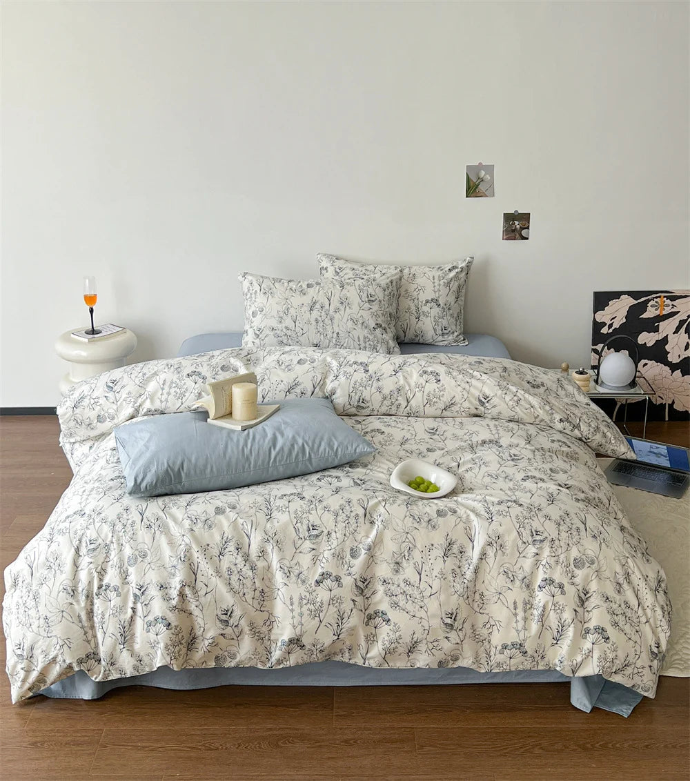 Bedding Set Cotton Satin Botanical Sketch 4 Piece