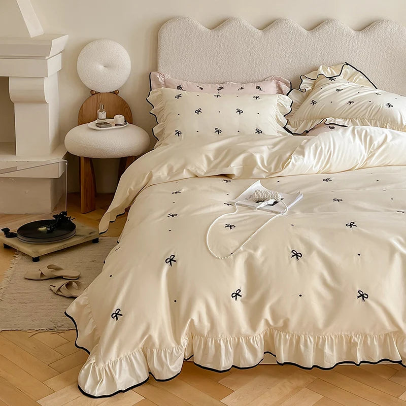 Bedding Set Cotton Satin Breathable Ruffle & Bow