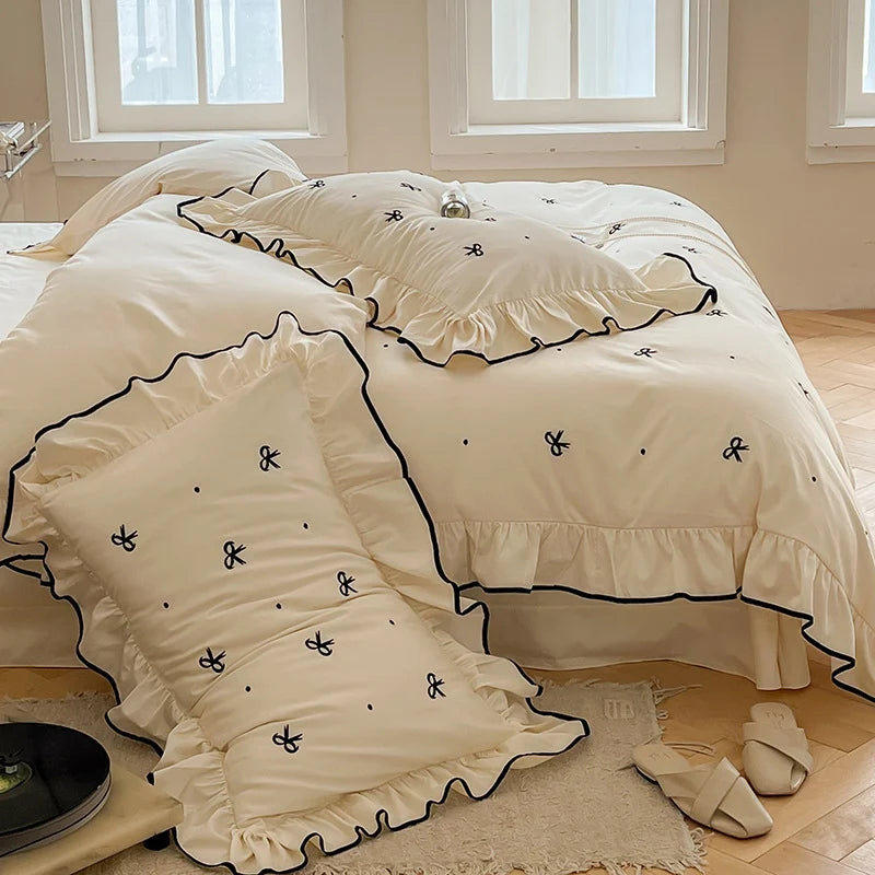 Bedding Set Cotton Satin Breathable Ruffle & Bow