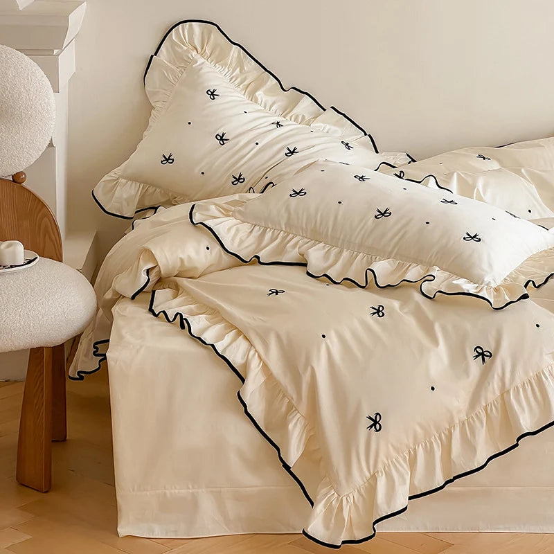 Bedding Set Cotton Satin Breathable Ruffle & Bow