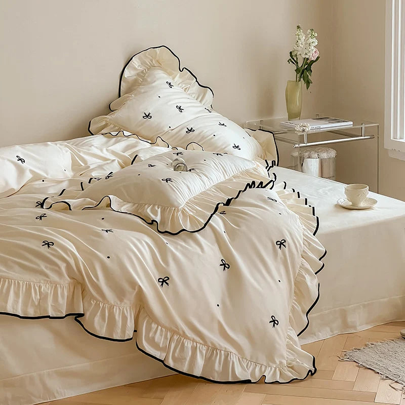 Bedding Set Cotton Satin Breathable Ruffle & Bow