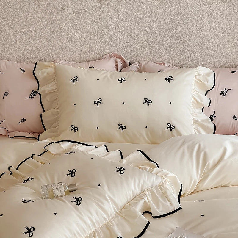 Bedding Set Cotton Satin Breathable Ruffle & Bow