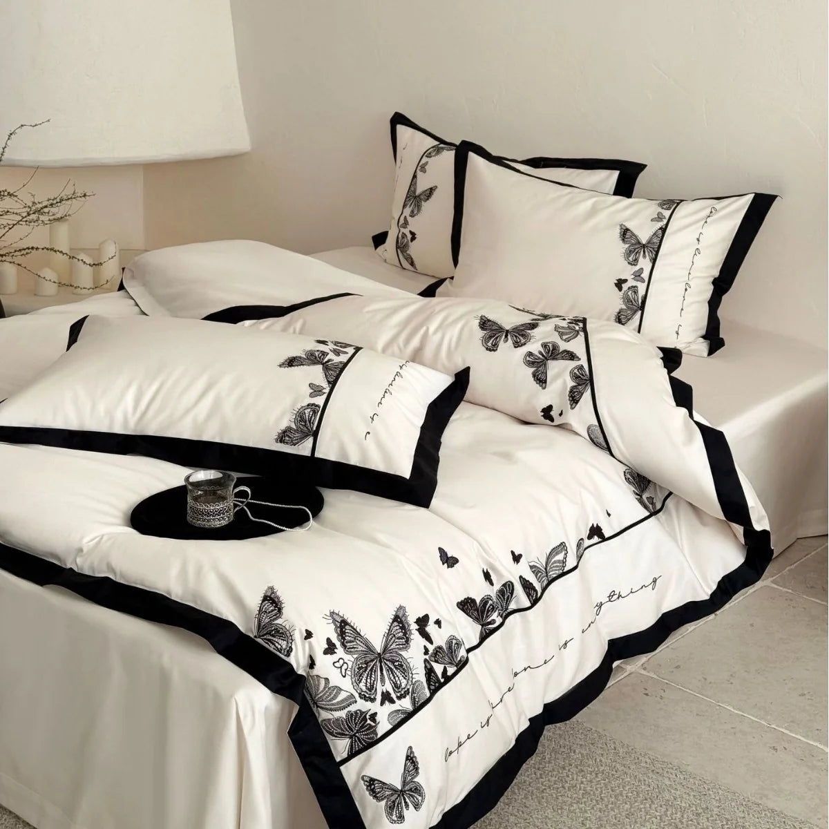 Bedding Set Cotton Satin Butterfly Embroidery & Contrasting Piping