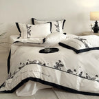 Bedding Set Cotton Satin Butterfly Embroidery & Contrasting Piping