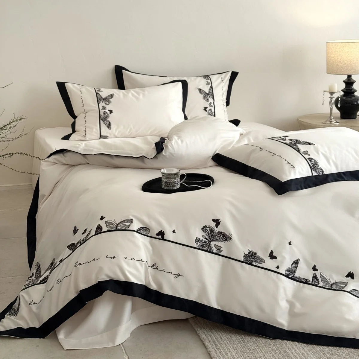 Bedding Set Cotton Satin Butterfly Embroidery & Contrasting Piping