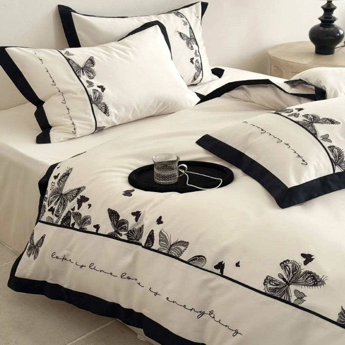 Bedding Set Cotton Satin Butterfly Embroidery & Contrasting Piping