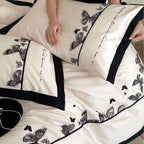 Bedding Set Cotton Satin Butterfly Embroidery & Contrasting Piping
