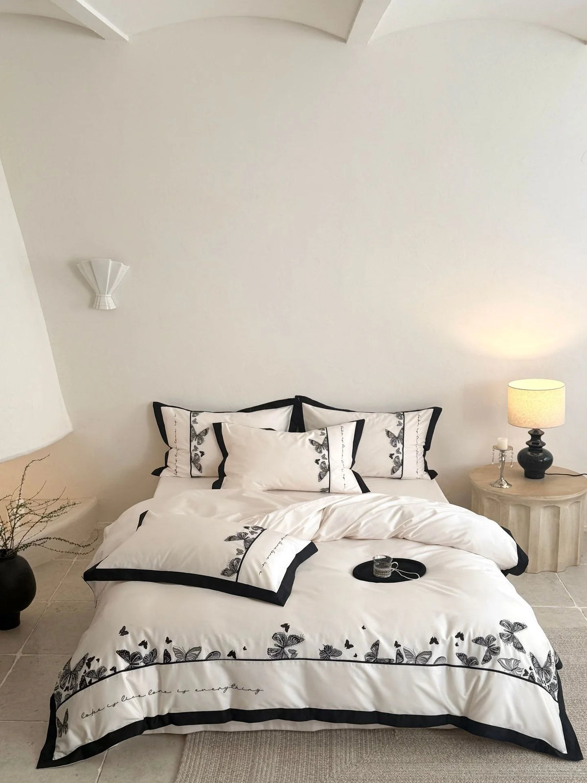 Bedding Set Cotton Satin Butterfly Embroidery & Contrasting Piping
