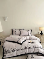Bedding Set Cotton Satin Butterfly Embroidery & Contrasting Piping