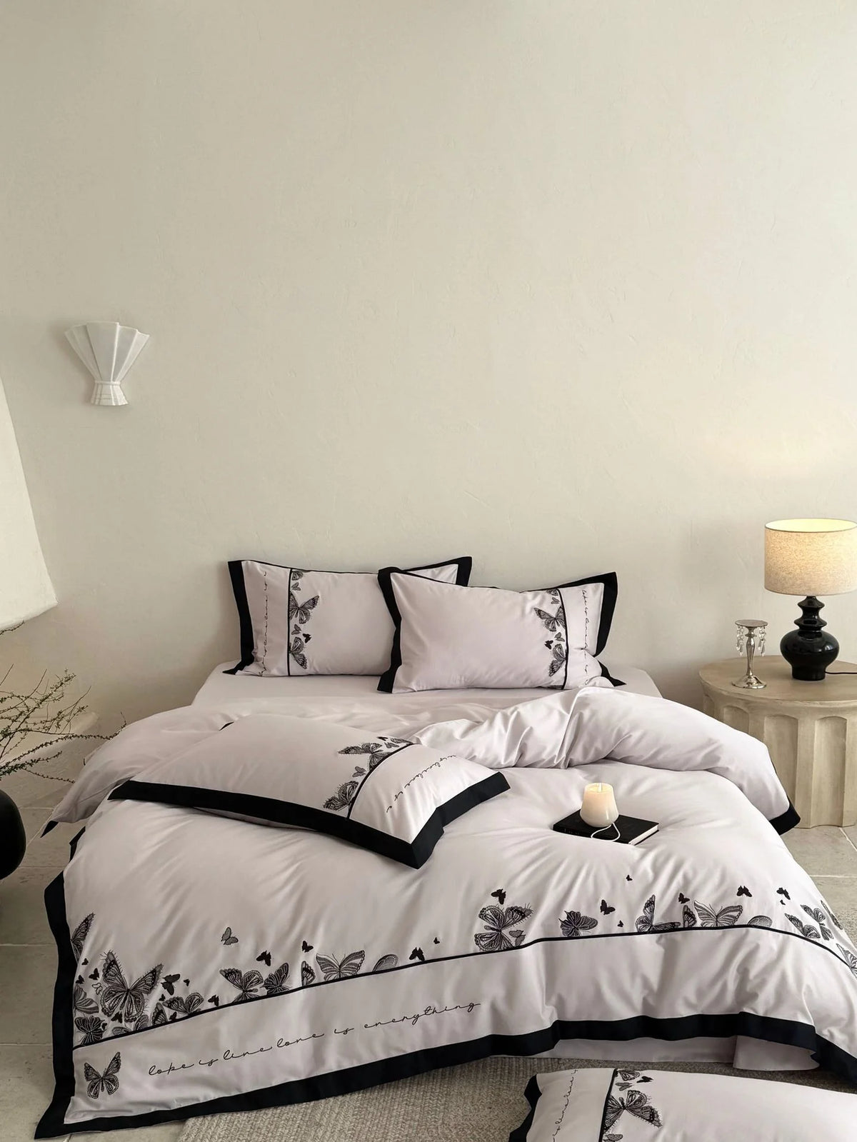 Bedding Set Cotton Satin Butterfly Embroidery & Contrasting Piping
