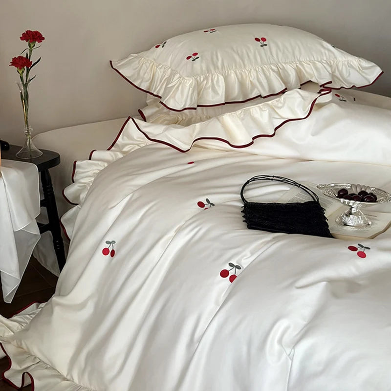 Bedding Set Cotton Satin Cherry Embroidery 4-Piece