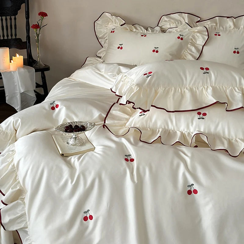 Bedding Set Cotton Satin Cherry Embroidery 4-Piece
