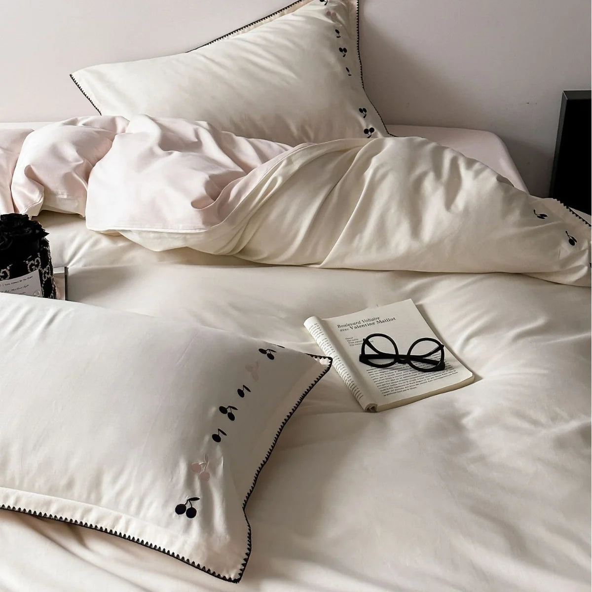 Bedding Set Cotton Satin Cherry Embroidery 4-Piece