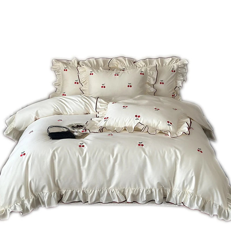 Bedding Set Cotton Satin Cherry Embroidery 4-Piece