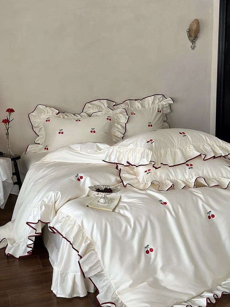 Bedding Set Cotton Satin Cherry Embroidery 4-Piece