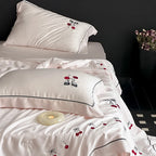 Bedding Set Cotton Satin Cherry Embroidery & Contrasting Piping