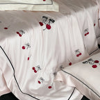 Bedding Set Cotton Satin Cherry Embroidery & Contrasting Piping