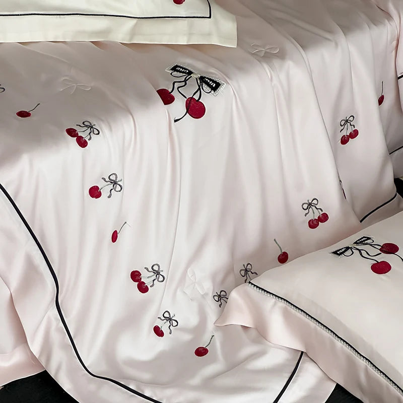 Bedding Set Cotton Satin Cherry Embroidery & Contrasting Piping