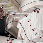 Bedding Set Cotton Satin Cherry Embroidery & Contrasting Piping