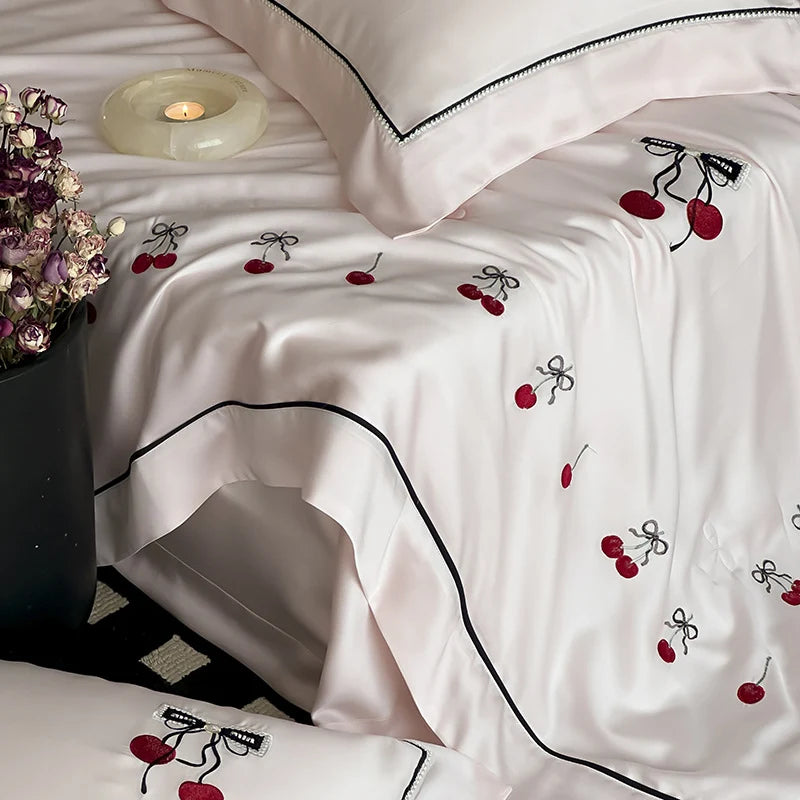 Bedding Set Cotton Satin Cherry Embroidery & Contrasting Piping