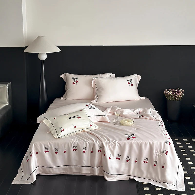 Bedding Set Cotton Satin Cherry Embroidery & Contrasting Piping