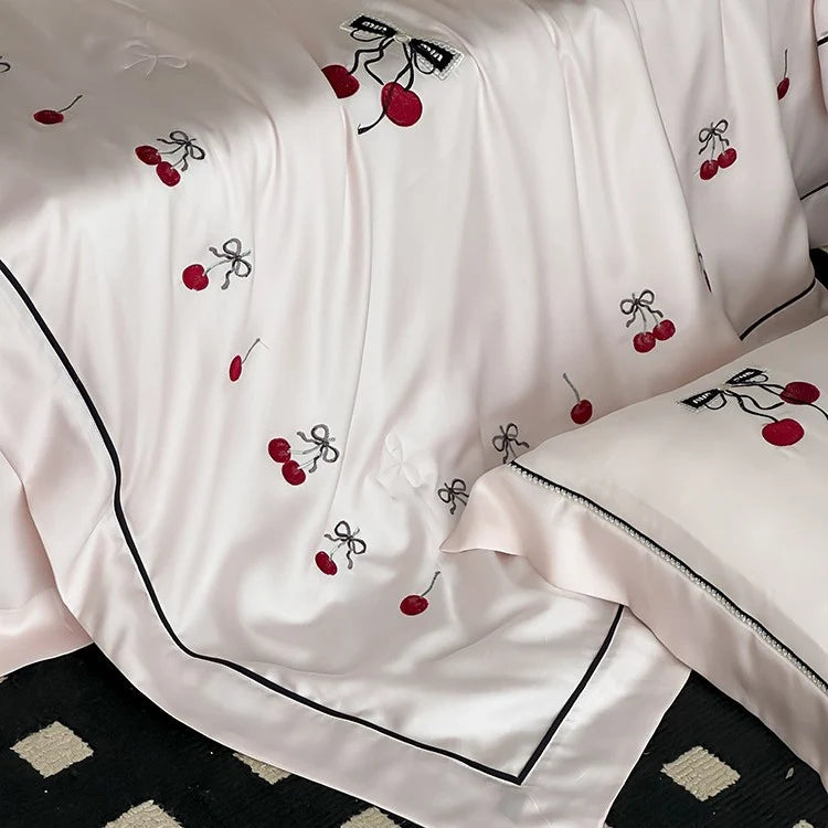 Bedding Set Cotton Satin Cherry Embroidery & Contrasting Piping