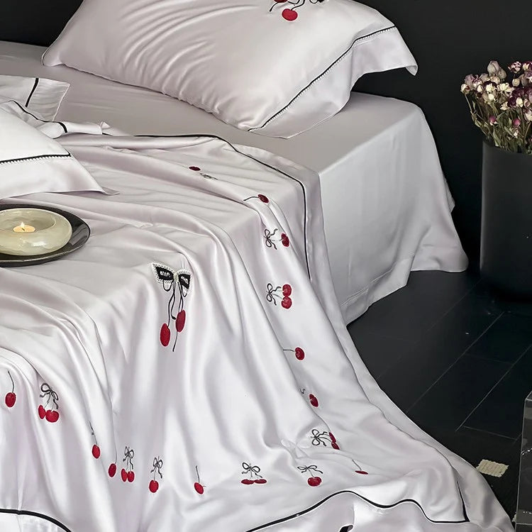 Bedding Set Cotton Satin Cherry Embroidery & Contrasting Piping