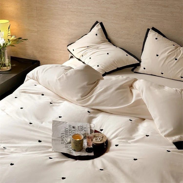 Bedding Set Cotton Satin Contrast Piping & Embroidered Hearts