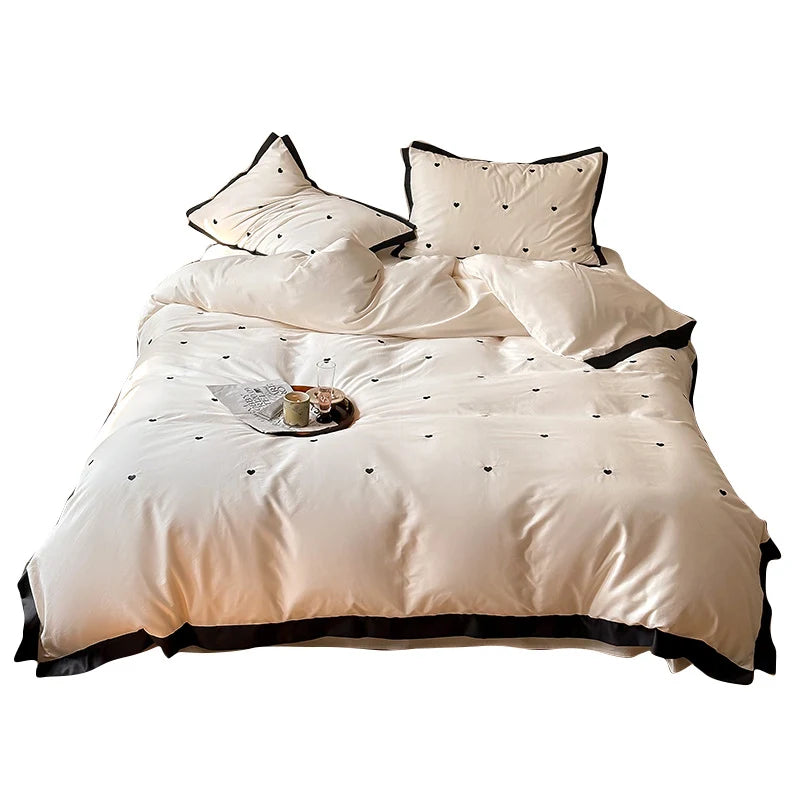 Bedding Set Cotton Satin Contrast Piping & Embroidered Hearts