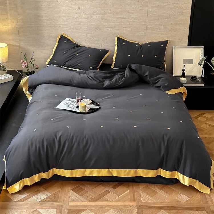 Bedding Set Cotton Satin Contrast Piping & Embroidered Hearts